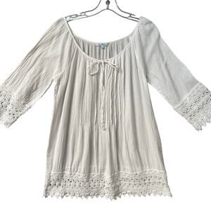 Blue Island Lace Border Sleeves and Hem Long Sleeve Swim Cover-Up  Women S White